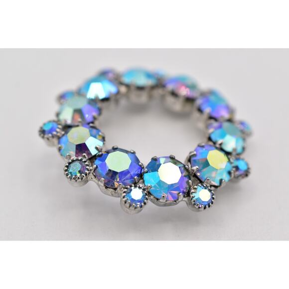 Vintage Crystal Pin Brooch Prong Rhinestone AB Blue Retro Round 1950s Glam BinBP - Picture 8 of 12